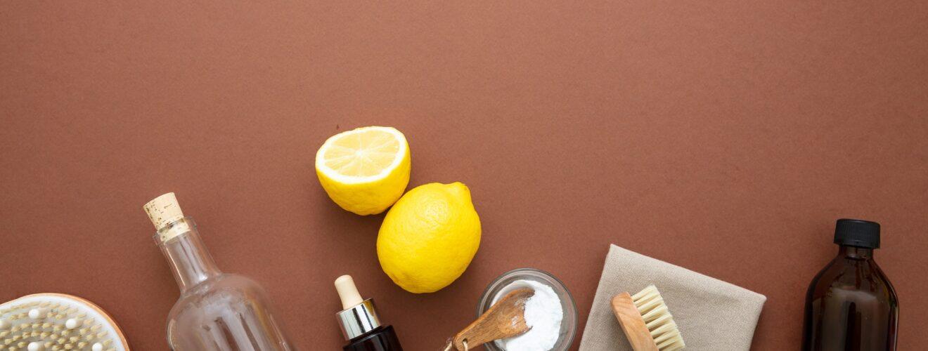 Cleaning eco products background, soda, lemon, vinegar