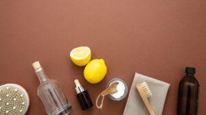 Cleaning eco products background, soda, lemon, vinegar